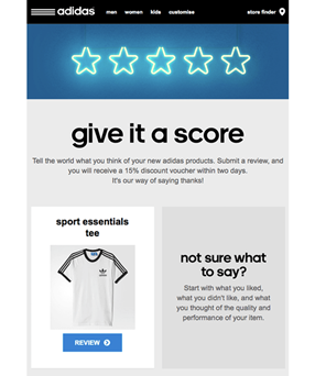 customer follow-up email from Adidas below boldly shouts &lsquo;REVIEW&rsquo; in a color-coded CTA surrounded by simple steps and nudges.